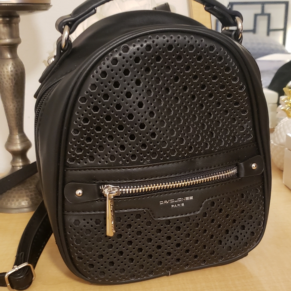 David Jones Paris Mini Backpack Purse Black Silver